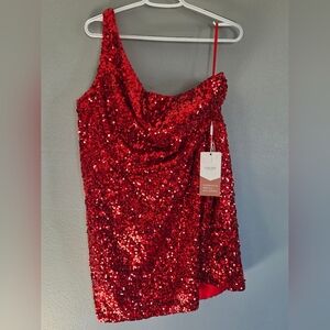 Sequin One Shoulder Dress - Red